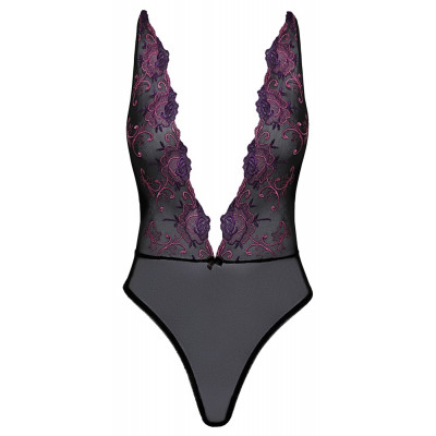 Body extra scollato di kissable realizzato in pregiato powernet nero con intricati ricami floreali